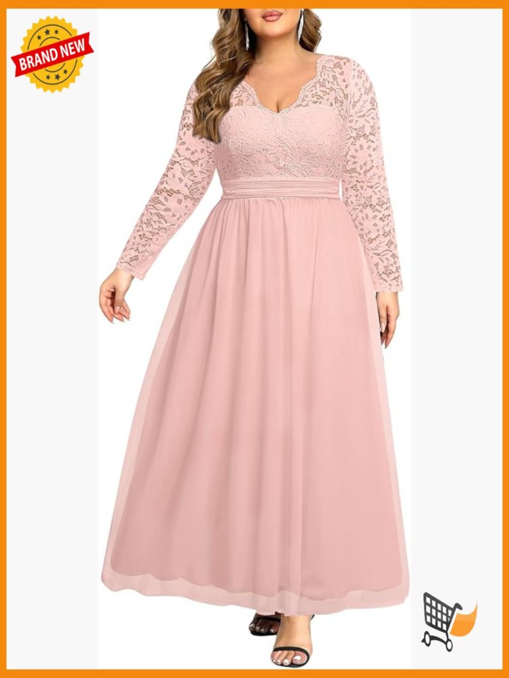 Plus Size Formal Maxi Dress - V Neck Long Sleeve Lace Chiffon Wedding Guest Gown